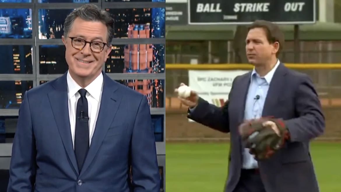 Colbert Mocks Fox’s ‘Literal Softball Interview’ With Ron DeSantis