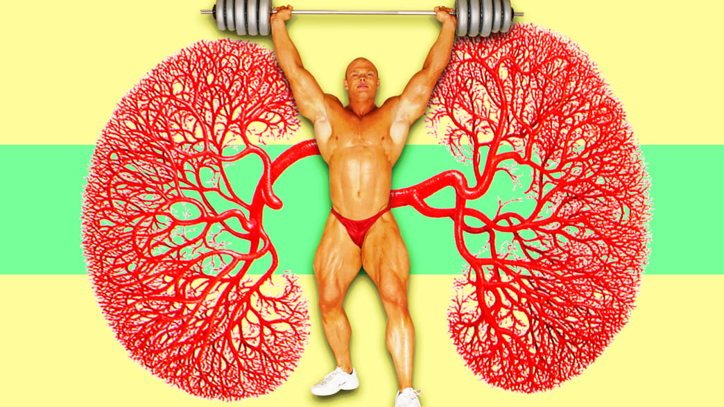 body builder in red underwear and white sneakers in front of kidney image nephrons rhabdo elite ultramarathon