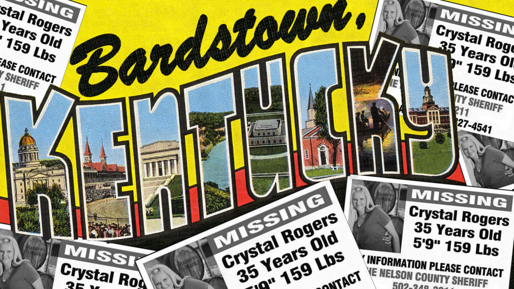 A postcard for Bardstown, Kentucky, covered with posters that say: “Missing, Crystal Rogers, 35 Years Old, 5'9", 159 Lbs”