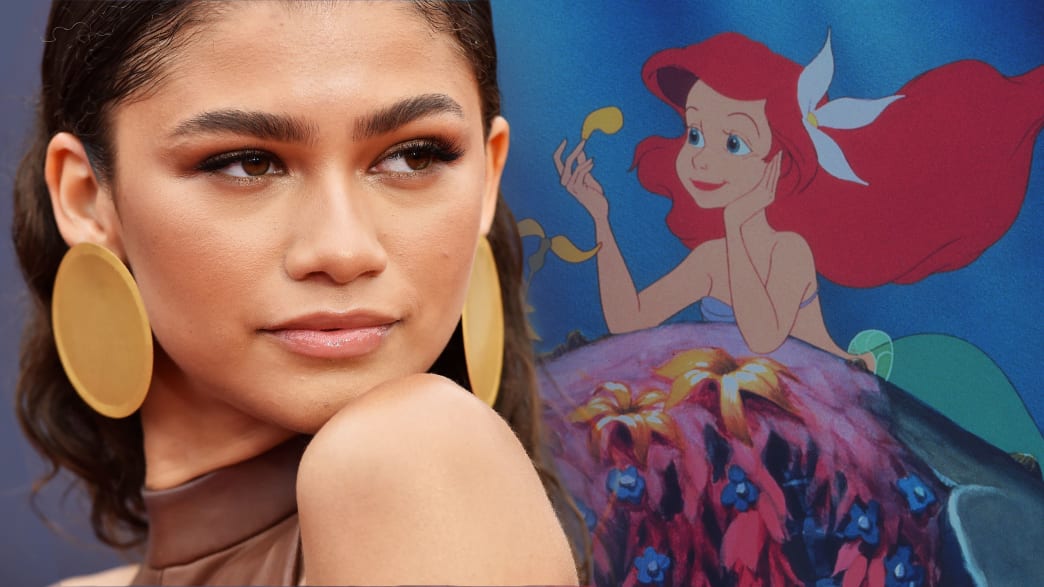 Zendaya posing in front of a poster of Ariel from The Little Mermaid