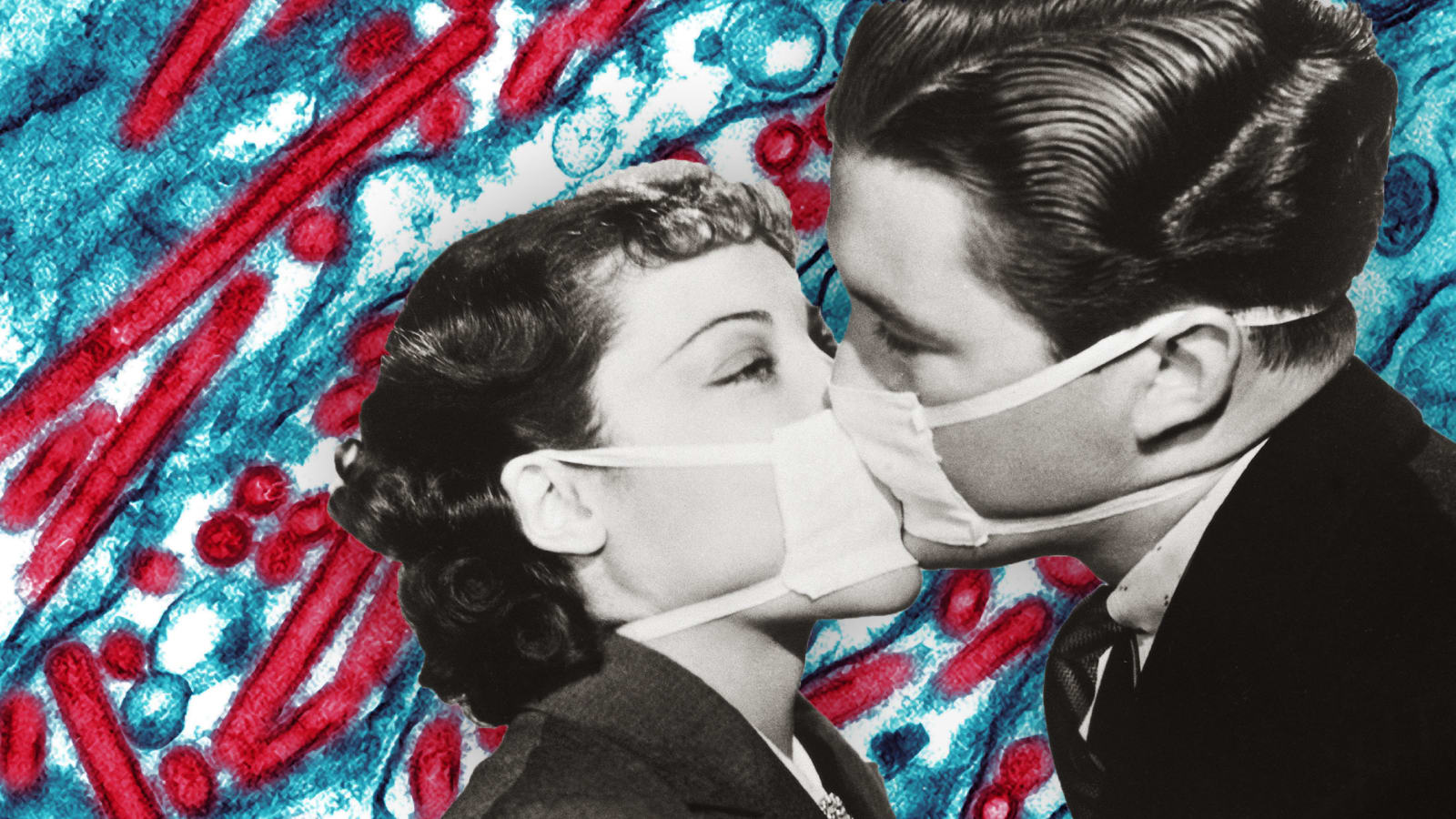 black and white retro image of a couple kissing through a face mask with influenza bacteria in red and blue enlarged behind them spanish pandemic 1918 are we ready no influenza vaccine shot swine epidemic antibiotic resistance