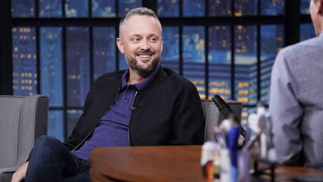 Comedian Nate Bargatze during an interview with host Seth Meyers