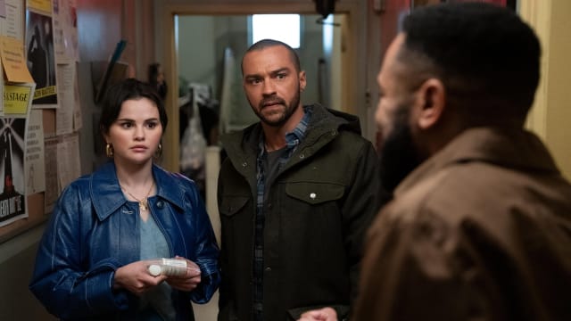 A photo still featuring Selena Gomez and Jesse Williams from 'Only Murders in the Building'