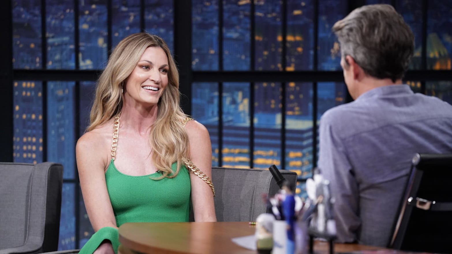 Sportscaster Erin Andrews during an interview with host Seth Meyers