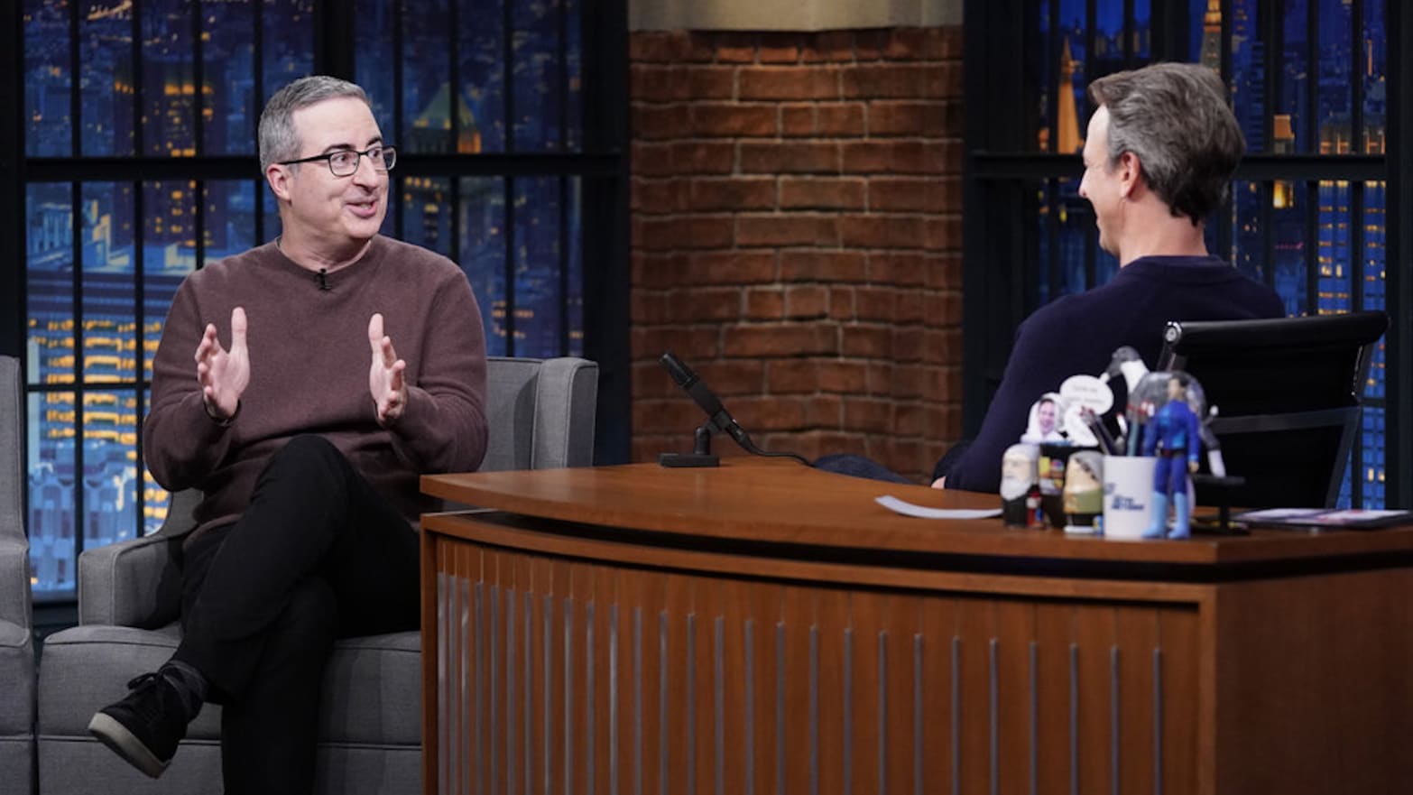 John Oliver during an interview with host Seth Meyers