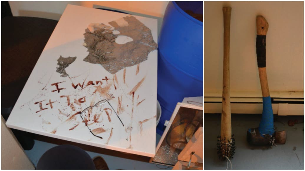 Side-by-side photos of items federal agents found in Andrew Sprecher’s home, including a makeshift “morning star bat,” an axe, and a message on a table, written in blood, reading: “I want it to stop.”