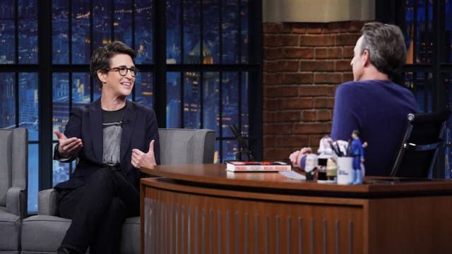 Rachel Maddow during an interview with host Seth Meyers