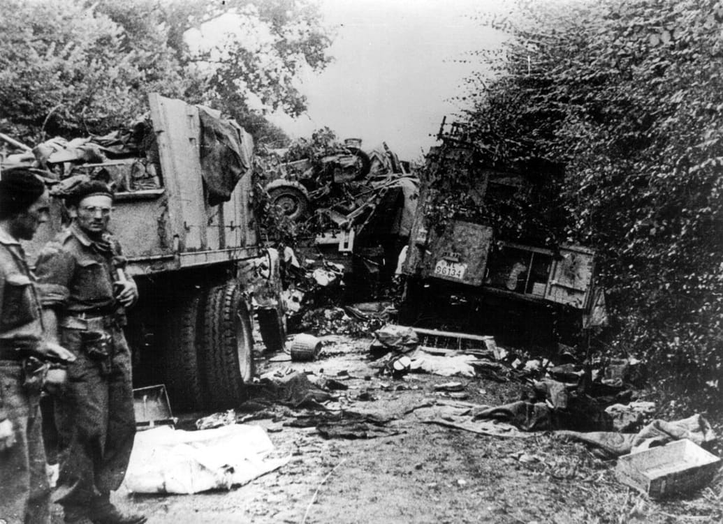 German column destroyed by 1st Polish Armored Division in Normandy 1944.