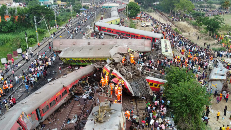 A drone view shows derailed coaches after trains collided in Balasore district in the eastern state of Odisha, India