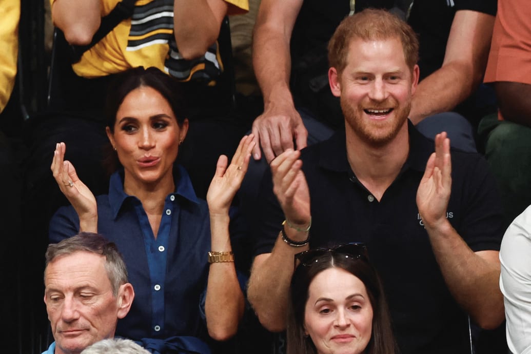 Britain's Prince Harry, Duke of Sussex and his wife Meghan, Duchess of Sussex, attend the sitting volleyball finals at the 2023 Invictus Games, an international multi-sport event for injured soldiers, in Düsseldorf, Germany September 15, 2023.