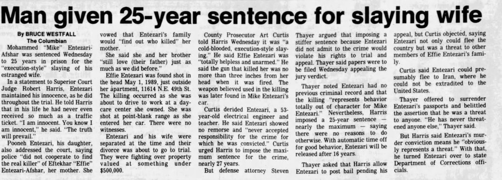 A headline announcing the sentencing of Mohammad “Mike” Entezari in 1990.