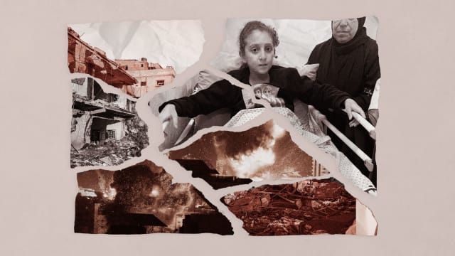 A photo illustration showing 10 year old girl, Daren from Gaza, in the hospital and Gaza buildings bombed after the start of the war. 