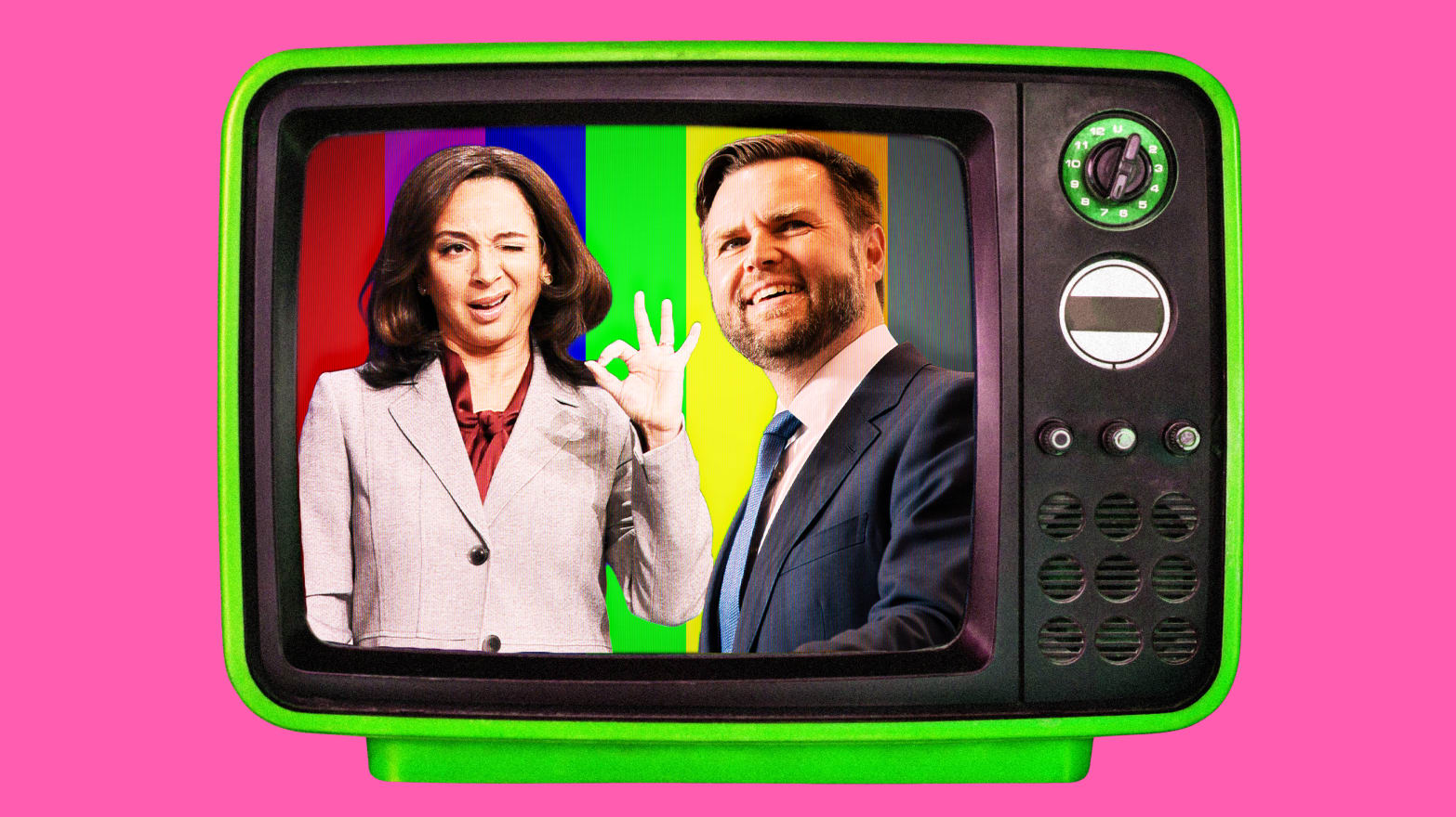 A photo illustration of Maya Rudolph as Kamala Harris and J.D. Vance.