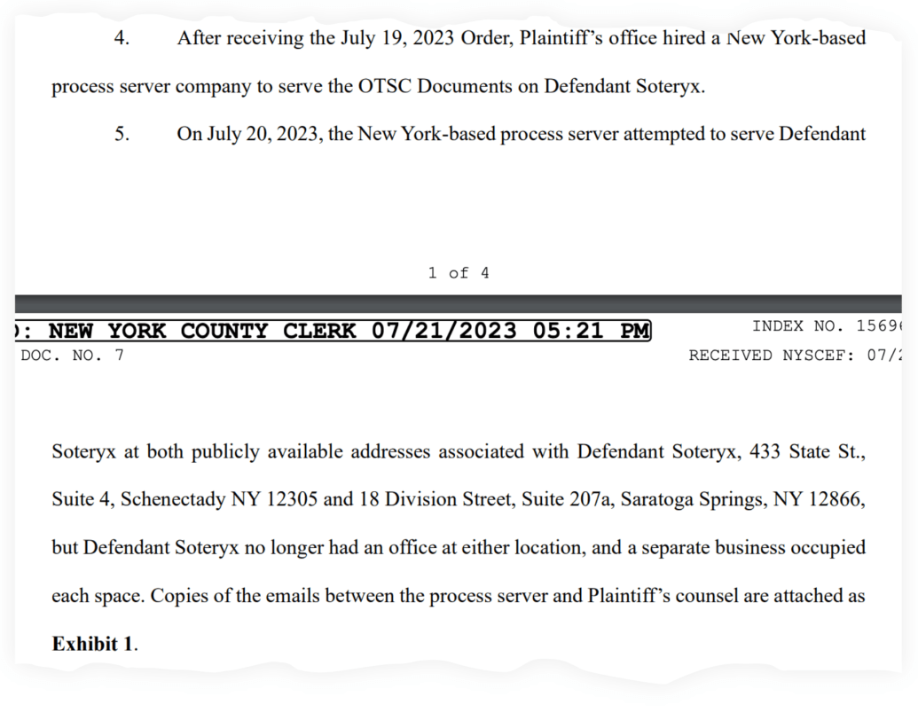 A snippet of a court filing which says Soteryx is no longer at either of its listed addresses.