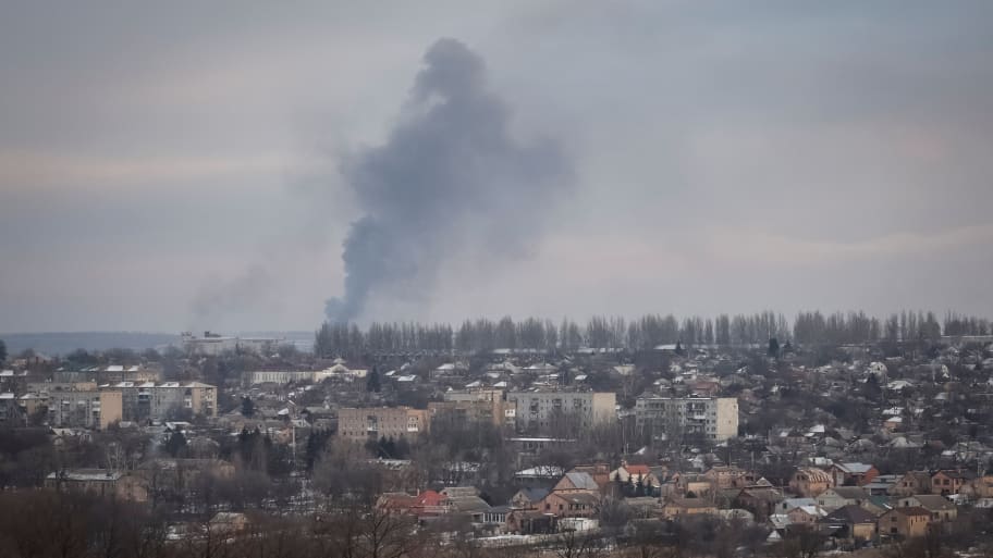 Smoke rises during Russian shelling in the front line city of Bakhmut on Feb. 9, 2023.