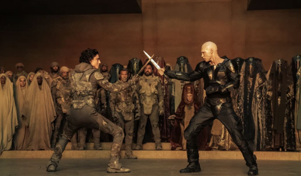 Photo still of Timothée Chalamet and Austin Butler in Dune: Part Two
