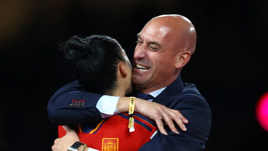 Spain's Jennifer Hermoso celebrates with President of the Royal Spanish Football Federation Luis Rubiales after the match.