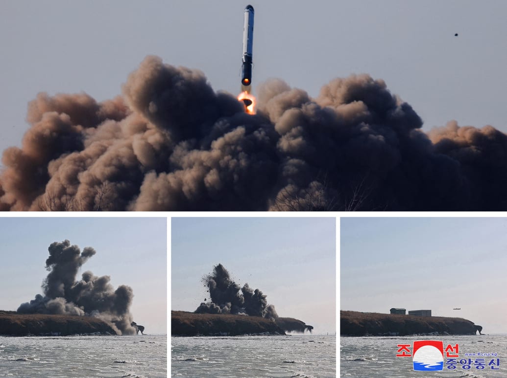 A sequence of photos of a North Korean missile launch.