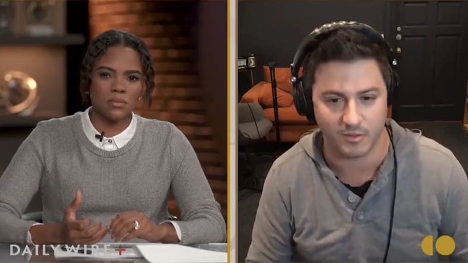 Candace Owens stares forward during a podcast episode with Ami Kozak.