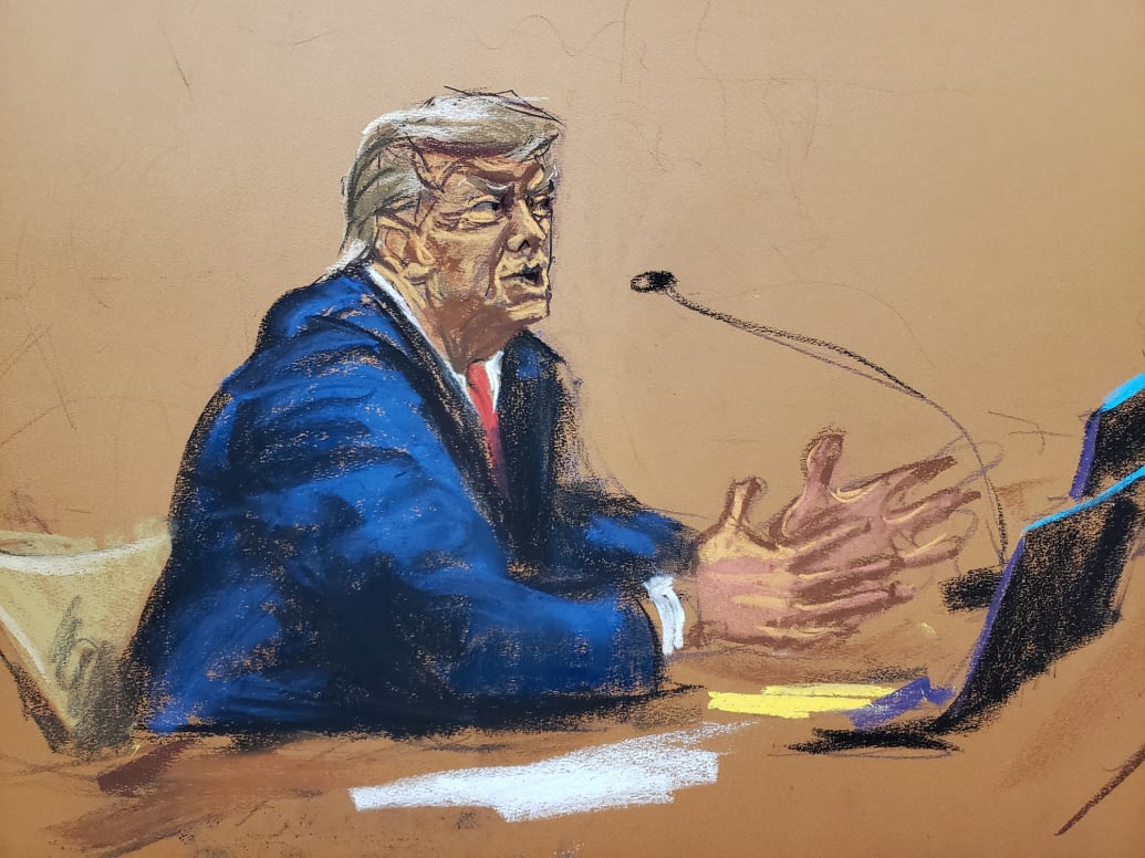 A courtroom sketch of Donald Trump giving closing arguments at New York civil trial.