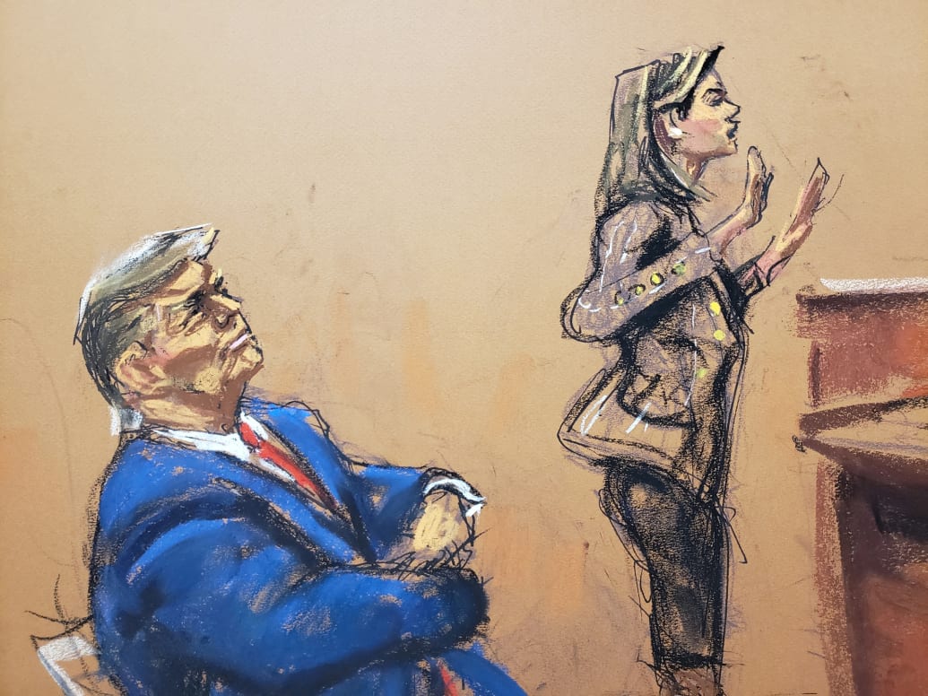 Lawyer Alina Habba gives closing arguments with former President Donald Trump watching.