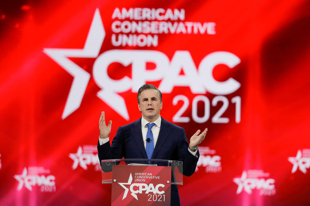 Tom Fitton, president of Judicial Watch, speaks at the Conservative Political Action Conference (CPAC) in Orlando, Florida, U.S. February 28, 2021