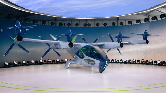 The S-A2 eVTOL aircraft seen at the vertiport at CES in Las Vegas, Nevada