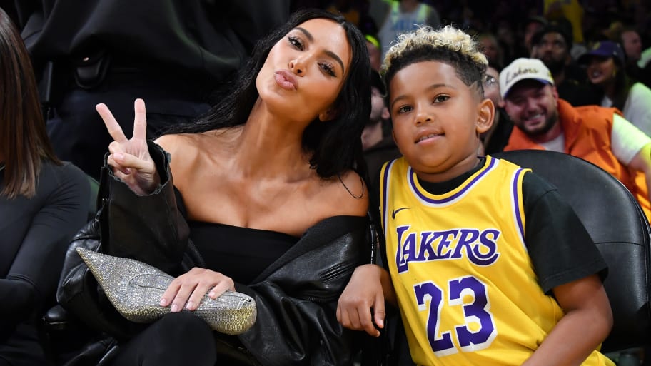 Kim Kardashian and Saint West at a basketball game in 2023. 