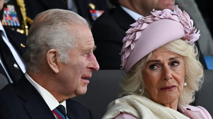 King Charles III and Queen Camilla react during the U.K.’s national commemorative event for the 80th anniversary of D-Day, hosted by the Ministry of Defence on Southsea Common on June 5, 2024, in Portsmouth, England. 