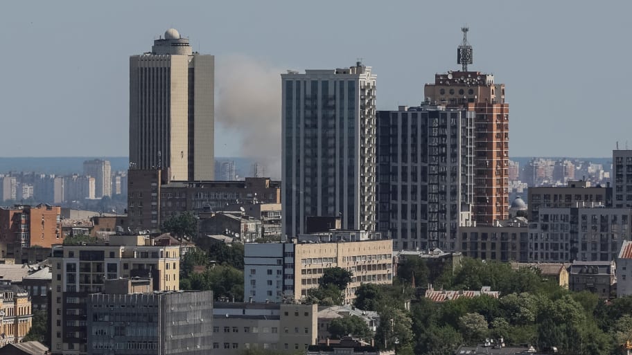 Smoke rises in the sky over the city after a Russian missile strike, amid Russia’s attack on Ukraine, in Kyiv, Ukraine, May 29, 2023.