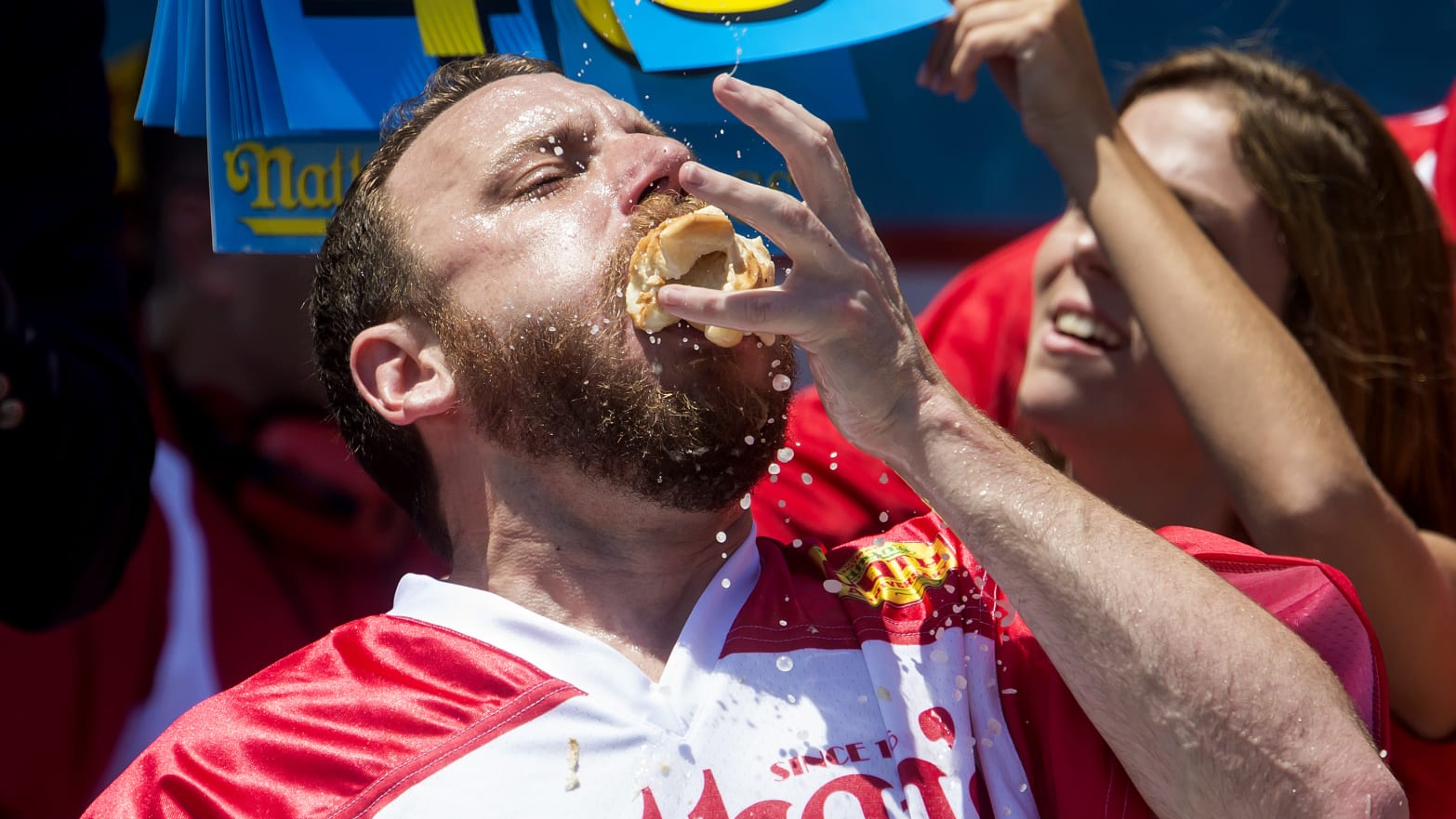 Joey Chestnut competes in the annual Hot Dog Eating Contest at Coney Island