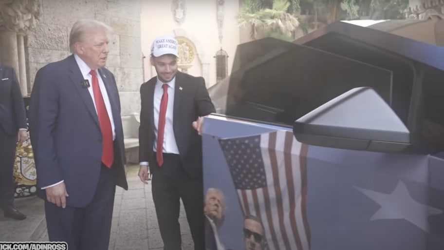 Adin Ross takes Donald Trump outside to show him his new Tesla Cybertruck.