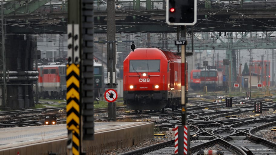 Trains of the national rail company OeBB are seen during a warning strike in a railway station in Vienna, Austria, Nov. 26, 2018.