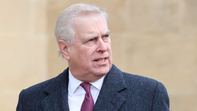 Prince Andrew, Duke of York attends the Thanksgiving Service for King Constantine of the Hellenes at St George's Chapel on February 27, 2024 in Windsor, England.