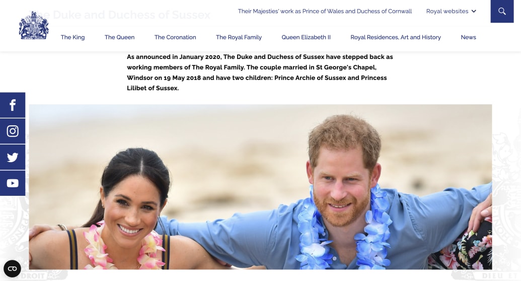 Prince Harry and Meghan Markle smile in a photo that’s embedded on a biography page on the Buckingham Palace website.