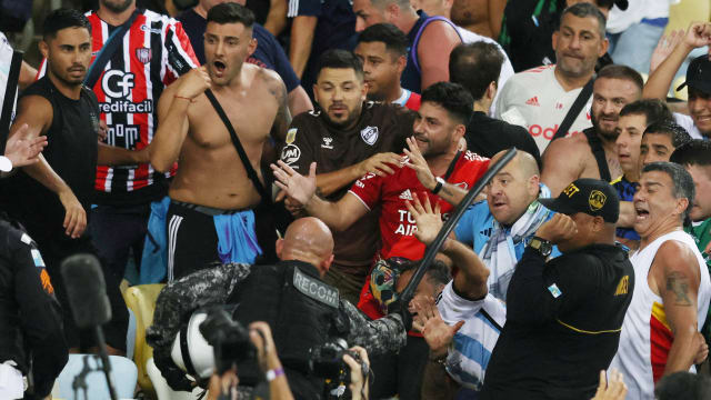 Fans clash in the stands with security staff causing a delay to the start of Brazil v Argentina - Estadio Maracana, Rio de Janeiro, Brazil - November 21, 2023.
