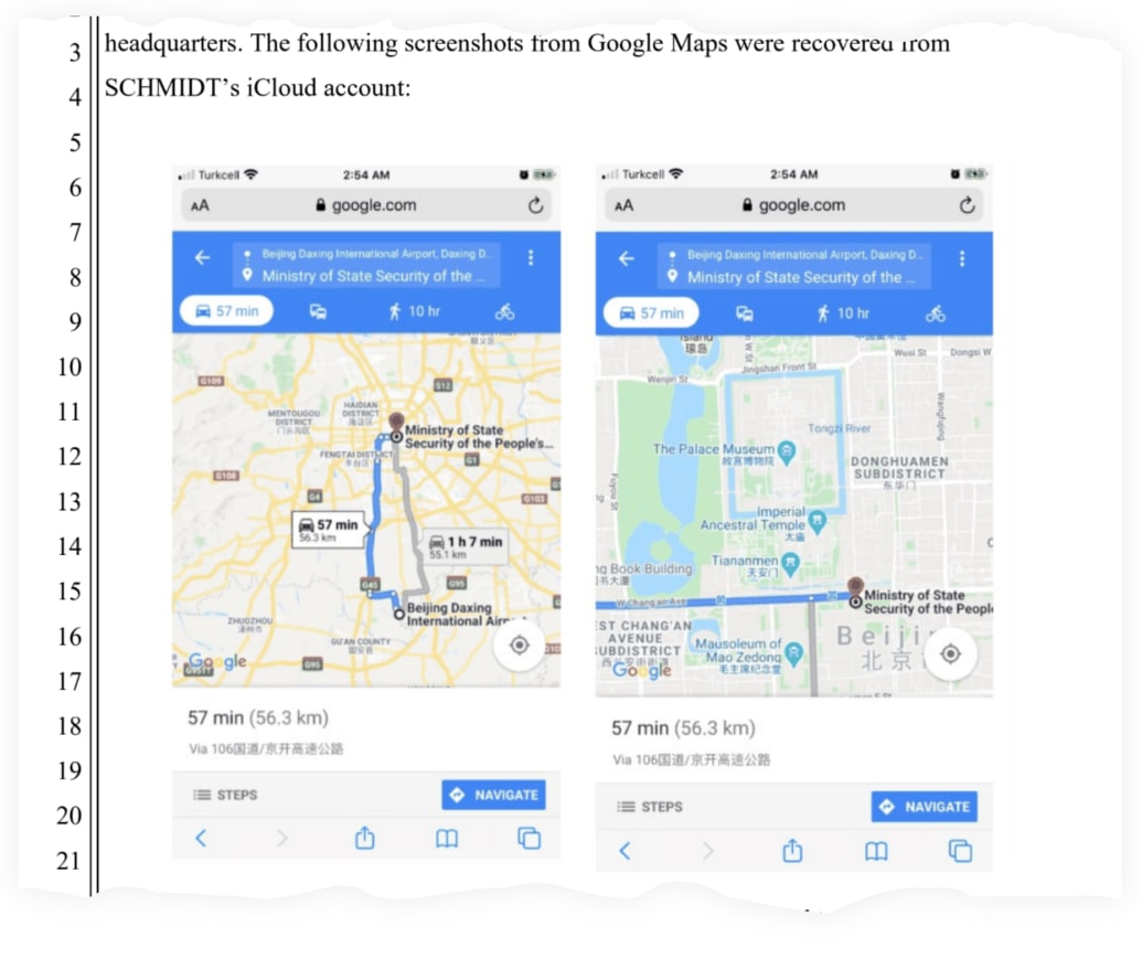 A snippet from charging documents against Schmidt, showing a screenshot of his Google Maps search for driving directions to MSS headquarters in Beijing.