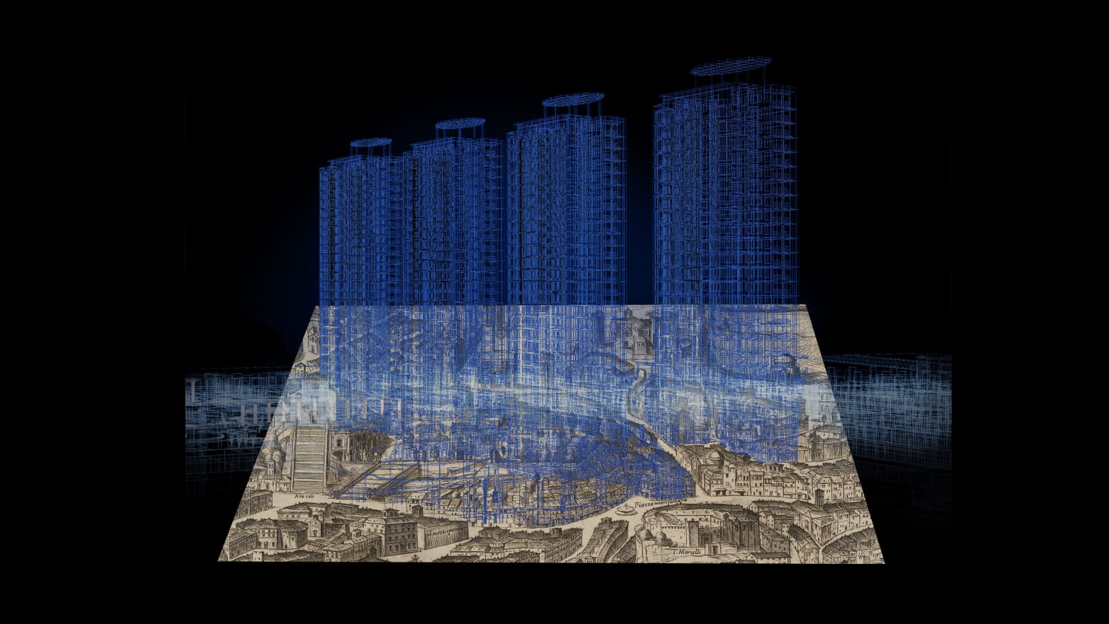 A photo illustration showing a speculative 3d futuristic city over an old colonial map.