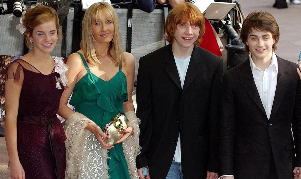 Emma Watson, J K Rowling,  Rupert Grint, and Daniel Radcliffe at the European premiere of 'Harry Potter and the Prisoner of Azkaban' at the Odeon Leicester Square in London, May 30, 2004.