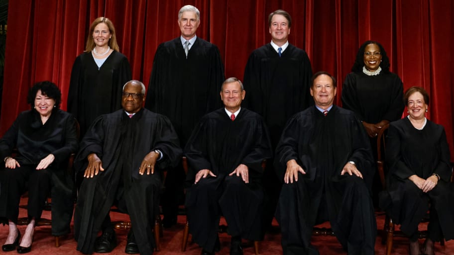 Supreme Court justices Amy Coney Barrett, Neil M. Gorsuch, Brett M. Kavanaugh, Ketanji Brown Jackson, Sonia Sotomayor, Clarence Thomas, Chief Justice John G. Roberts, Jr., Samuel A. Alito, Jr. and Elena Kagan