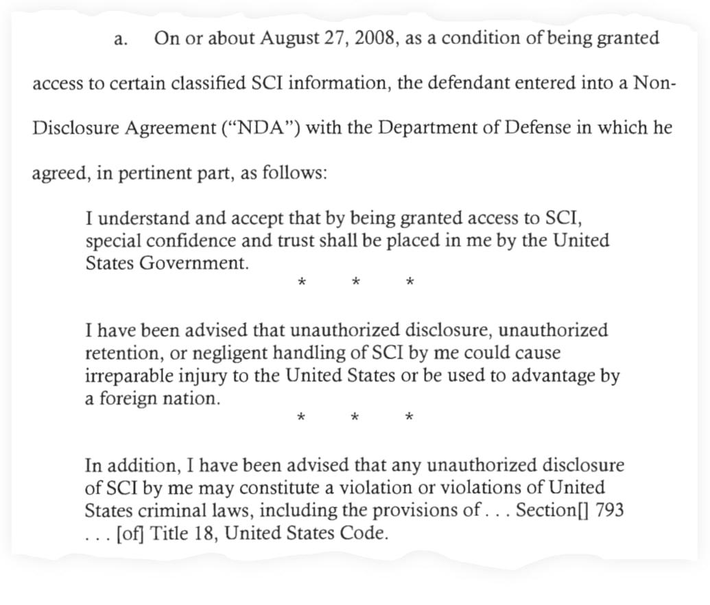 A snippet of Birchum’s plea deal, showing that he agreed to keep secret any classified information he had access to.