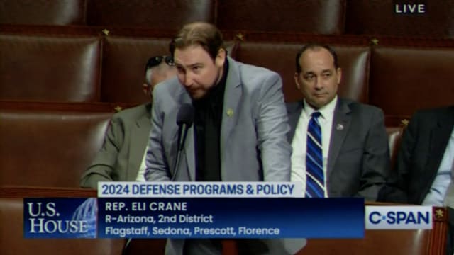 A screenshot of Rep. Eli Crane saying “colored people” on the house floor while debating amendments to the national defense bill.