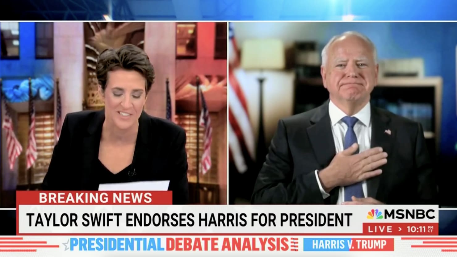 Rachel Maddow interrupts live interview with Tim Walz to tell him about Taylor Swift’s support