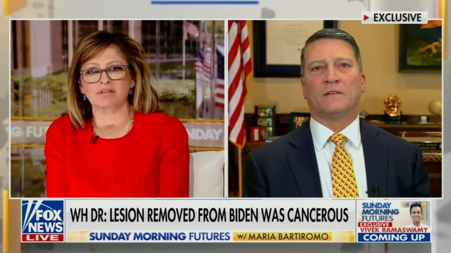A screenshot of Fox News Sunday showing Maria Bartiromo and Ronny Jackson 