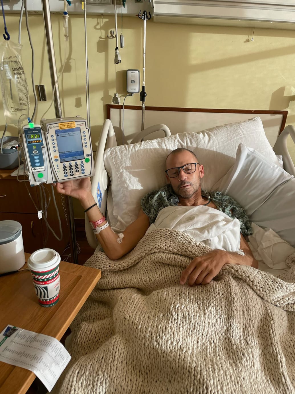 A photo supplied by Eric Lamaze showing him in a hospital bed.