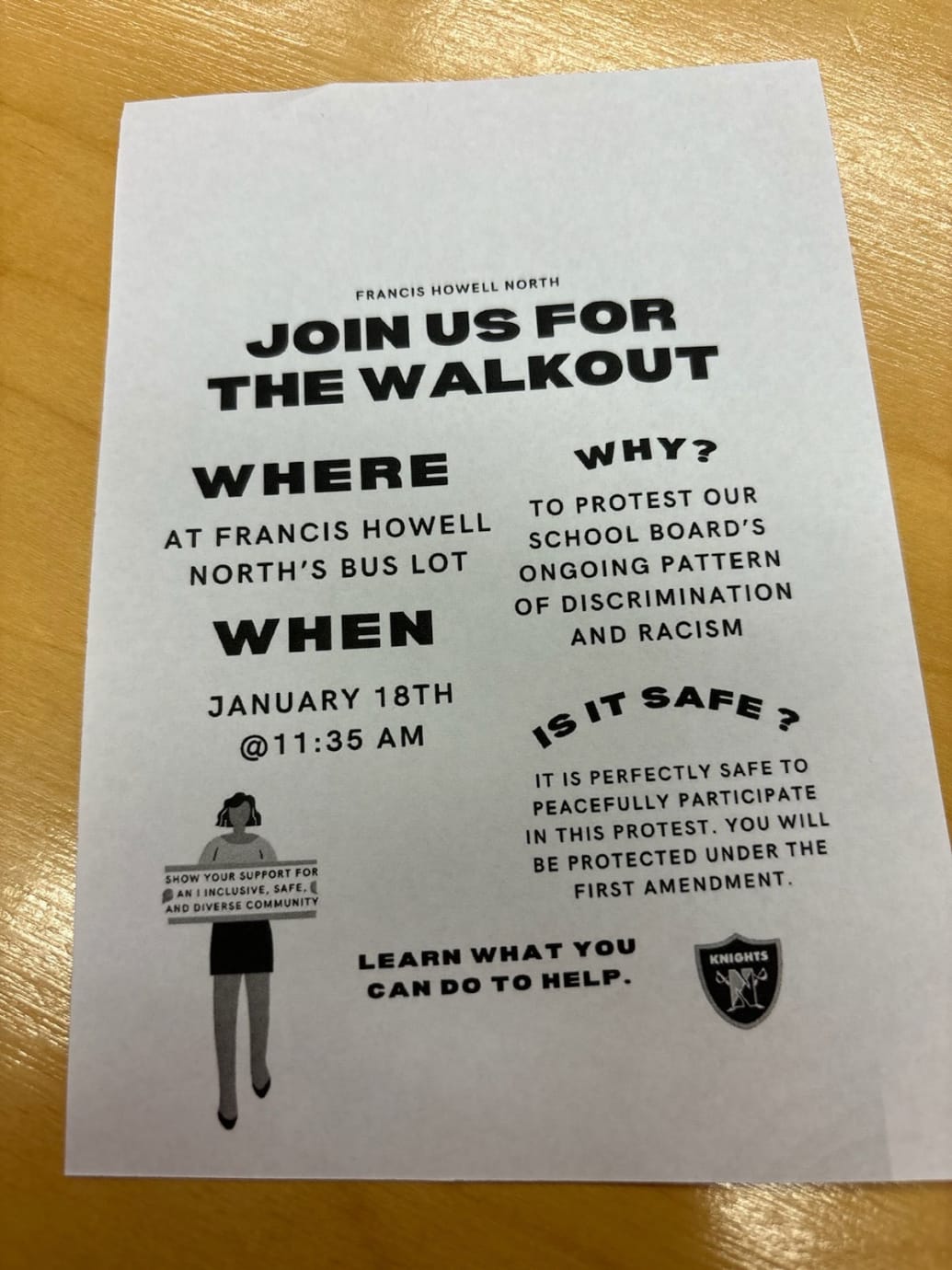 Photograph of a flyer for a walk out protesting the Francis Howell School Board