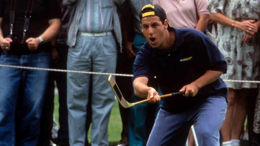 Adam Sandler plays golf in a scene from the film 'Happy Gilmore'