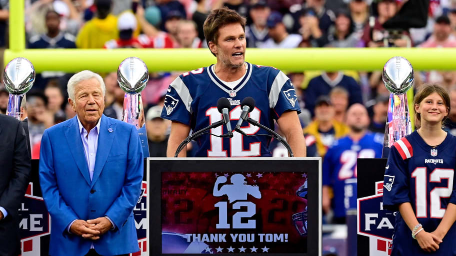 New England Patriots former quarterback Tom Brady speaks during a halftime ceremony in his honor during the game between the Philadelphia Eagles and New England Patriots at Gillette Stadium