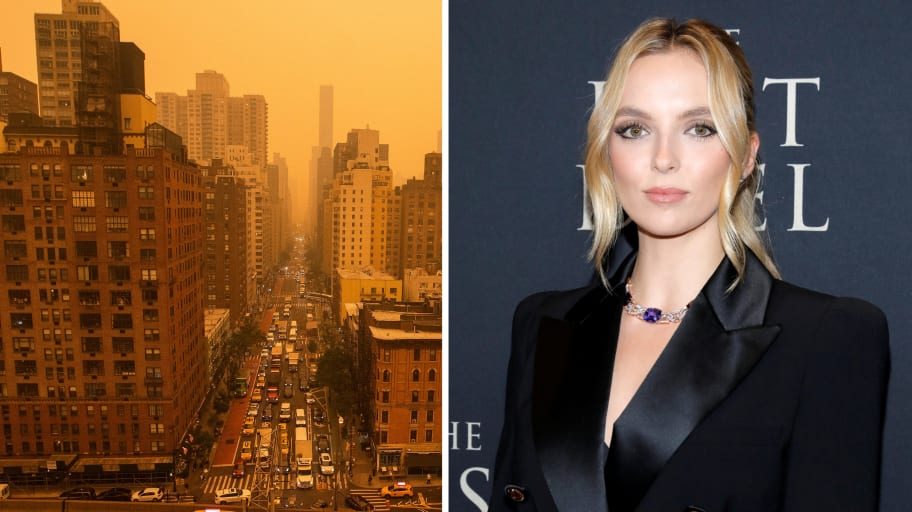 A picture of the New York City skyline covered in an orange haze next to a picture of Jodie Comer.