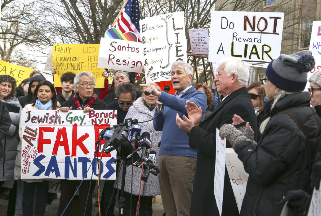 Former Democratic congressional candidate Robert Zimmerman speaks at a rally in Mineola, New York, where local leaders and residents condemned Congressman-elect George Santos' lies.